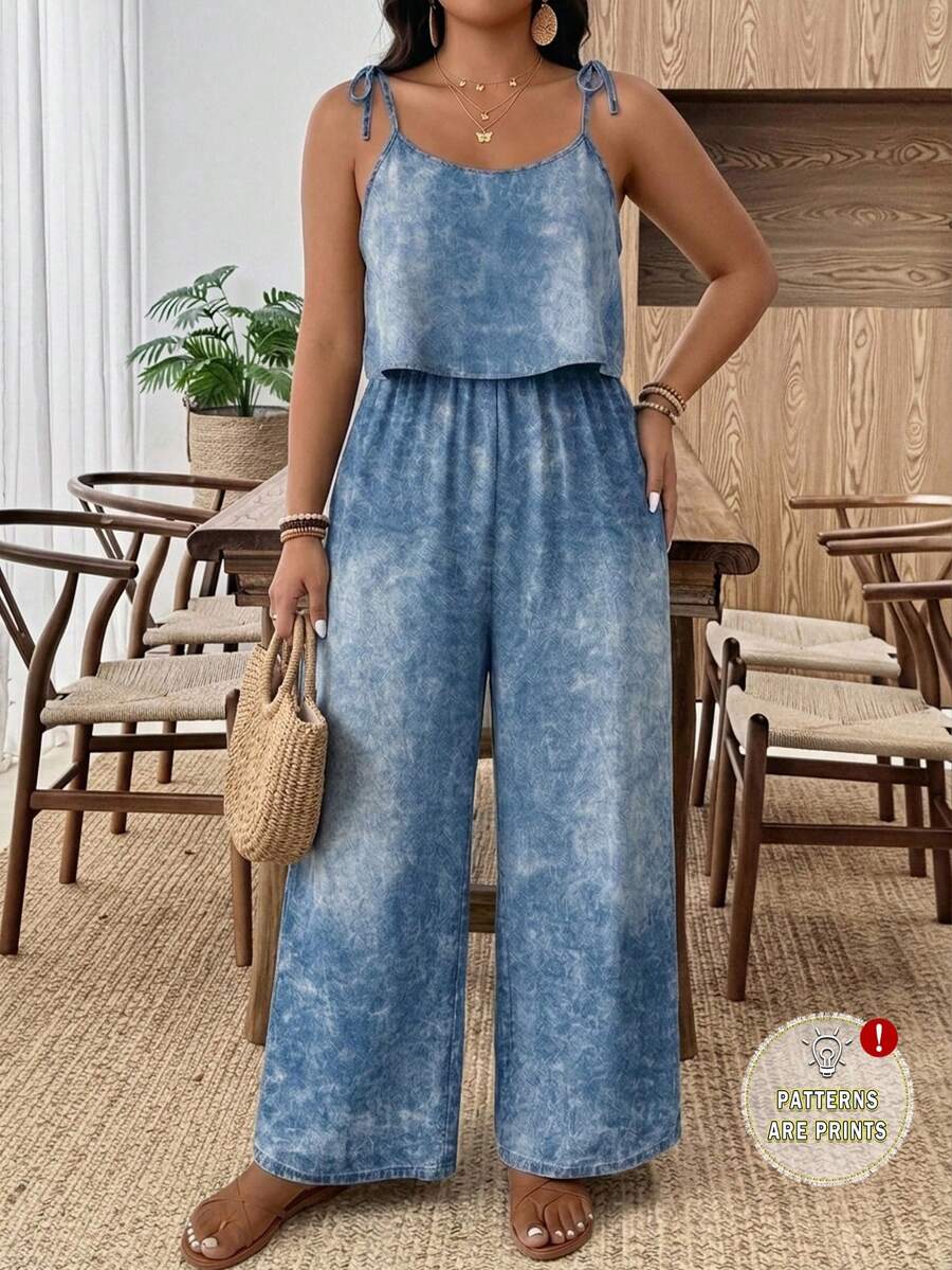 SHEIN Frenchy 大码梭织面料仿牛仔图案连体裤，休闲无袖吊带长款，打结细节，适合夏季、度假、日常穿着 - 藍色 - 查看 1