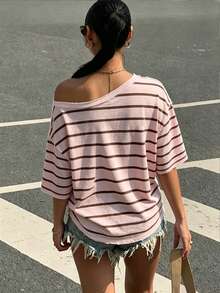 SHEIN EZwear 女款夏季休閒粉色條紋T恤，街頭風學院印花落肩短袖寬鬆上衣，適合城市度假與音樂節 - 彩色 - 查看 2