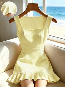 SHEIN Raffinéa Vestido de verano elegante y chic de mujer, de unicolor, con cuello cuadrado, sin mangas y con volantes en el bajo - Amarillo - Ver 5