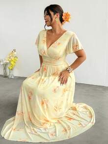 Firerie Plus Size V-Neck Floral Print Casual Vacation Short Sleeve Dress - Apricot - View 3