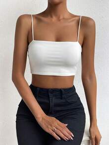 SHEIN EZwear 纯色短版吊帶上衣 - 白色 - 查看 3