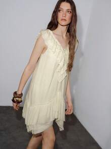 MOTF PREMIUM LINEN V-NECK LOOSE RUFFLED HEM SHORT DRESS, SUITABLE FOR SPRING/SUMMER VACATION - Apricot - View 4