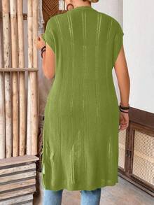 SHEIN LUNE CURVE Plus Size Women's Sleeveless Hollow Out Long Cardigan, Lightweight, Suitable For Vacation, Commute, St. Patrick's Day, Spring/Summer - Olive Green - View 2