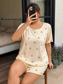 Napfluff CURVE Napfluff CURVE Bộ đồ ngủ 2 mảnh dành cho nữ cỡ lớn, cổ tròn, viền bèo nhún, màu vàng, chất liệu dệt kim gân, in hình quả anh đào, tay ngắn và quần short, đồ mặc nhà dễ thương. - Màu vàng - Xem 6