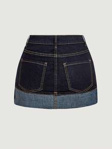 SHEIN MOD 女士带口袋卷边休闲百搭牛仔裙 - 深色水洗藍 - 查看 2