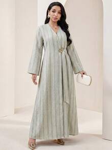 Veilorie Áo Abaya dài tay cổ chữ V in họa tiết sọc dành cho nữ - Nhiều màu - Xem 4