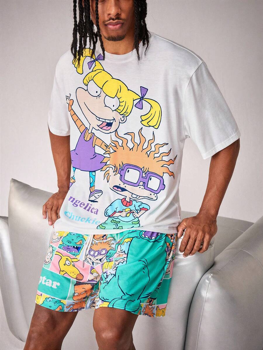 Nick 90s | SHEIN 男士舒适卡通印花圆领短袖T恤短裤睡衣套装,夏季 - 白色 - 查看 1