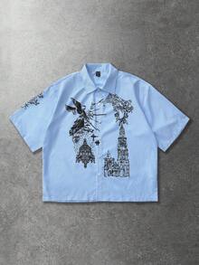 ROMWE MEN Men's Angel Striped Print Short Sleeve Single-Breasted Shirt - Multicolor - View 3