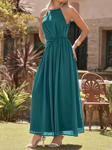 Amorya Women's Teal Elegant Halter Neck Ruched Long Dress, Summer Tropical Holiday Vacation Outfit, Wedding Tea Party Guest Bridesmaid Formal Evening Gown - Aqua Blue - View 2