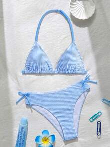 SHEIN 2026春夏少女度假蓝白条纹印花挂脖比基尼套装 - 藍白色 - 查看 3