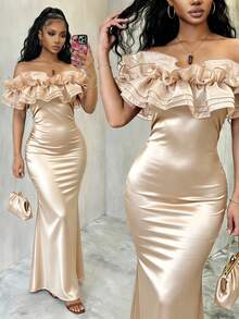 SHEIN Raffinéa Gaun Mermaid Wanita Elegan Warna Polos Berkilau Jala Tanpa Bahu Model Bandeau Patchwork Satin Pas Badan, Musim Semi/Panas - Sampanye - View 7