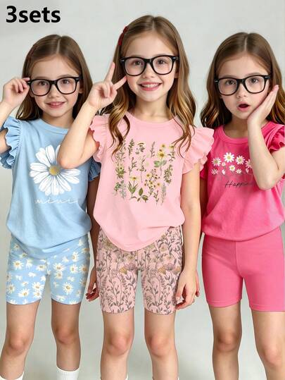 6pcs/Set Girls Casual Chic Creative Floral, Daisy, Leaf, Letter Print Cap Sleeve T-Shirt And Bike Shorts Outfit, Sky Blue, Pink, Burgundy, Comfortable Daily Sporty Styles, Suitable For Spring, Summer