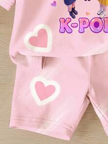 Young Girl K-POP Cartoon Cute Heart Pattern Light Pink 2-Piece Set,Short Sleeve T-Shirt And Knee Length Cycling Shorts,Summer,Family Matching,Daily Wear - Multicolor - View 6