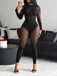 BamGleam 女士性感镂空透视网纱连体裤 - 黑色 - 查看 6