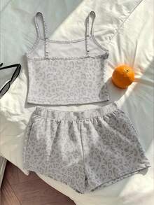 SHEIN Vintaside Kids Tween Girls White Cami Top And Drawstring Shorts Set,Light Leopard Print,Casual Summer Outfits,Teenage Vacation Holiday Wear,Lightweight&Comfortable - Multicolor - View 2