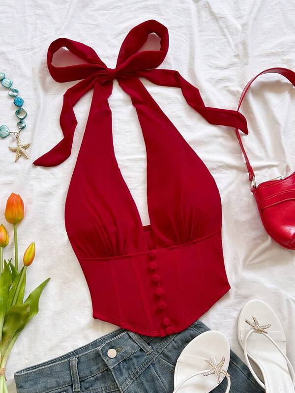Soleia Top de tirantes de satén rojo estilo Girlism para mujer talla grande, verano, fiesta, halter, espalda descubierta, tiras con lazo, elegante, bohemio, decoración de botones, invitada de boda, graduación, vacaciones, playa