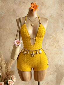 Mistrie Women's Textured Beaded Halter Neck Tie Romper Vacation Beach Yellow Summer Tropical Sexy - Yellow - View 4