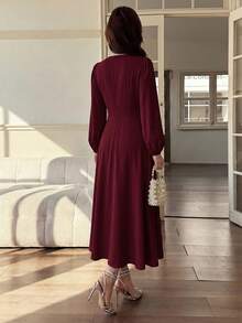 Feyla Women's Pleated Lace Patchwork Elegant Dress - Burgundy - View 2