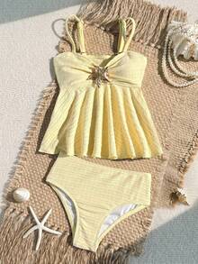 SHEIN Bộ đồ bơi tankini dệt kim họa tiết sao biển màu vàng kim loại dành cho bé gái, thích hợp cho kỳ nghỉ hè, đi biển, du lịch. - Màu vàng - Xem 1