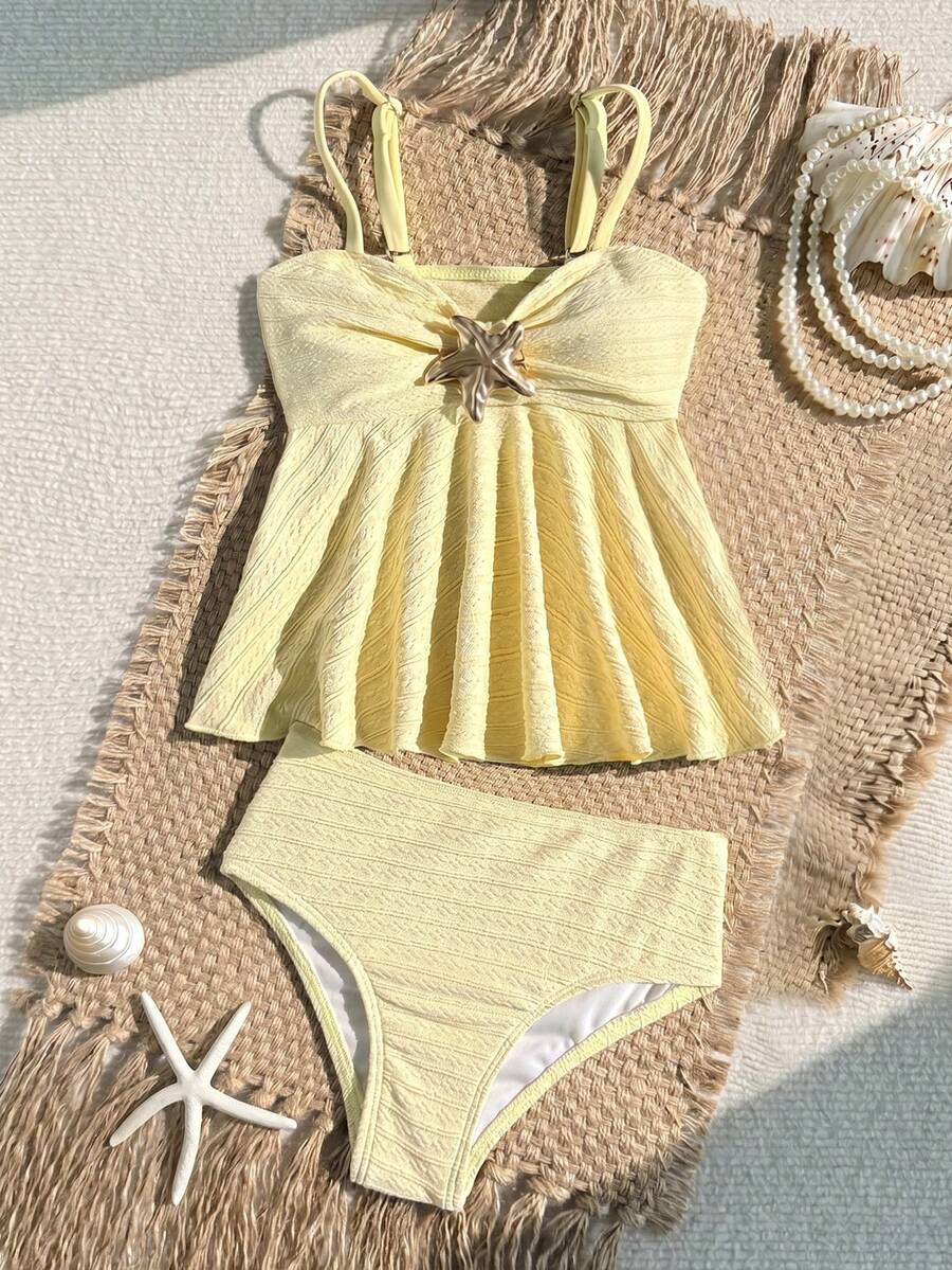 SHEIN Bộ đồ bơi tankini dệt kim họa tiết sao biển màu vàng kim loại dành cho bé gái, thích hợp cho kỳ nghỉ hè, đi biển, du lịch. - Màu vàng - Xem 1
