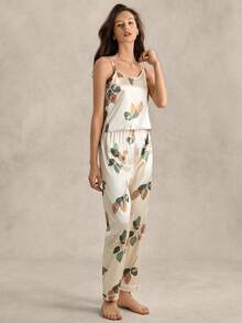 EverLounge Floral Print Satin Cami Top & Pants PJ Set / Pajama Set - Apricot - View 5