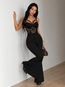SHEIN ICON Bộ jumpsuit nữ gợi cảm phối ren xòe. - màu đen - Xem 1