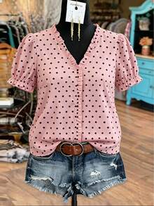 Linhara Polka Dot V-Neck Ruffle Hem Blouse, Loose Fit Flattering Plus Size Shirt - Pink - View 3