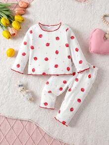 SHEIN 2 Pieces Newborn Cute Cartoon Pattern Ruffled Round Neck Short-Sleeve Knitted Comfortable Fit Pajama Set (Two Pieces) - Multicolor - View 2