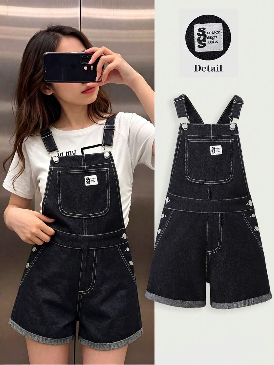 SHEIN Genkimix Kids 女童牛仔背带短裤，夏季新款甜美时尚中蓝色水洗牛仔布，蝴蝶刺绣做旧毛边设计，可调节肩带，舒适优质棉质牛仔布，日常基础款，适合上学、度假等各种场合，儿童背带裤，适合青少年女孩穿着。