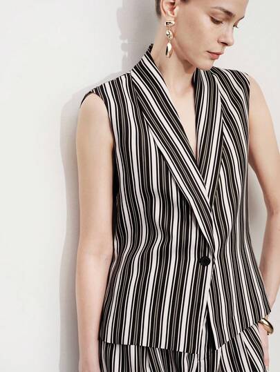 Aveloria Modichic New Women's Faux Linen Waist Belt, Multicolor Striped Shawl Neck Sleeveless Blazer Vest, Printed: Random