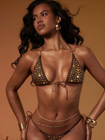 Hauture Women's Sexy Fashion Rivet Decor Backless Tie-Front Triangle Cup Bikini Top, Suitable For Beach, Vacation, Brown Swimwear With Gold Studs, Sexy Bikini Wear, Summer Aesthetic, Vacation Resort Beach Wear Chic, Perfect Layering Piece