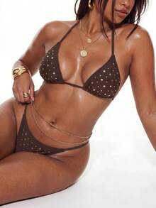 Swim Bikini de 2 piezas nuevo 2026, conjunto de traje de baño de playa con espalda descubierta y cristales para mujer, talla - Café integral - Ver 4