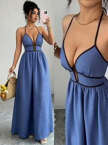 SHEIN Elenzya Women's Summer Casual Sexy Holiday Contrast Color Halter Loose Wide Leg Jumpsuit Beach Vacation Blue Striped - Blue - View 8