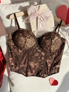 Comfortcana Plus Size Sexy Lace Sheer Camisole, Suitable For Party And Valentine's Day, Spring/Summer Lace Spaghetti Strap Top, Coffee Brown - Coffee Brown - View 9