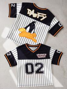 LOONEY TUNES X SHEIN 男童休闲时尚街头日常通勤卡通拼接条纹印花短袖T恤，夏季 - 白色 - 查看 1