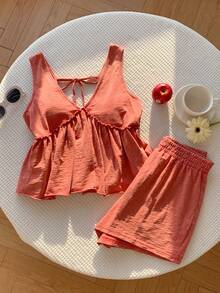 Comfortcana Conjunto de 2 piezas de camisola sin espalda y shorts casuales para mujer en color rosa coral, para vacaciones de verano - Rojo - Ver 4