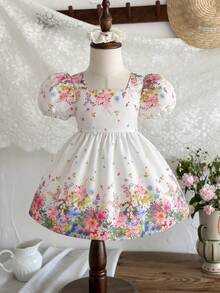 SHEIN Baby Girl Woven Ditsy Floral Square Collar Petal Sleeve Casual Cute Big Bow Decor Dress - Multicolor - View 2
