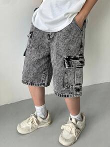 青少年男孩時尚休閒 Y2K 復古酷炫街頭多口袋設計灰色寬鬆工裝牛仔短褲，適合兒童日常穿著、春夏季 Rave 音樂節與街頭穿搭 - 黑色 - 查看 2