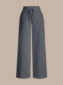 SHEIN BASICS 女款休閒素色針織低腰寬腿運動長褲 夏季女裝套裝 - 深灰色 - 查看 6