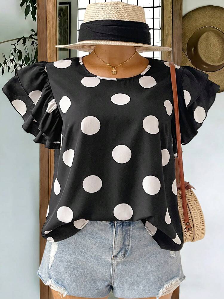 Plus Size Women Polka Dot Print Round Neck Ruffle Sleeve Casual Blouse Summer Summer Outfit For Women Festival Outfits For Women Beach Outfits For Women Vacation Outfits Women Holiday Outfits  For Women Country Concert Outfit Summer Tops Casual Blouse For Women Polka Dot Top