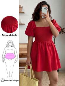 Enliva Abidrinkell Plus Size Spring/Summer Plain Round Neck Cute Sweet Princess Style Minimalist Campus Romantic Vacation Beach Valentine's Day Easter Wedding Hollow Back Bow Lantern Sleeve Dress, For Apple Rounded Body Shape - Red - View 1