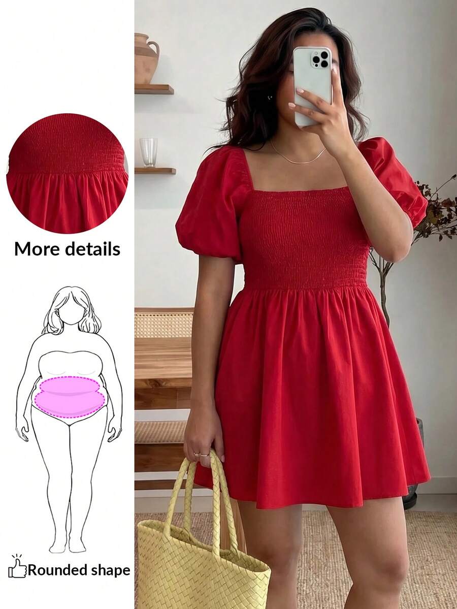Enliva Abidrinkell Plus Size Spring/Summer Plain Round Neck Cute Sweet Princess Style Minimalist Campus Romantic Vacation Beach Valentine's Day Easter Wedding Hollow Back Bow Lantern Sleeve Dress, For Apple Rounded Body Shape - Red - View 1