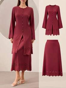 Graceveil Blouse décontractée élégante pour femmes à col rond, coupe laser, ourlet ondulé, manches longues et nœud devant. Couleur unie. - Lie de vin - Voir 2