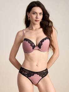 Hourtrue Contrast Lace Bra & Panty Lingerie Setfor Summerfor Summer - Pink - View 3