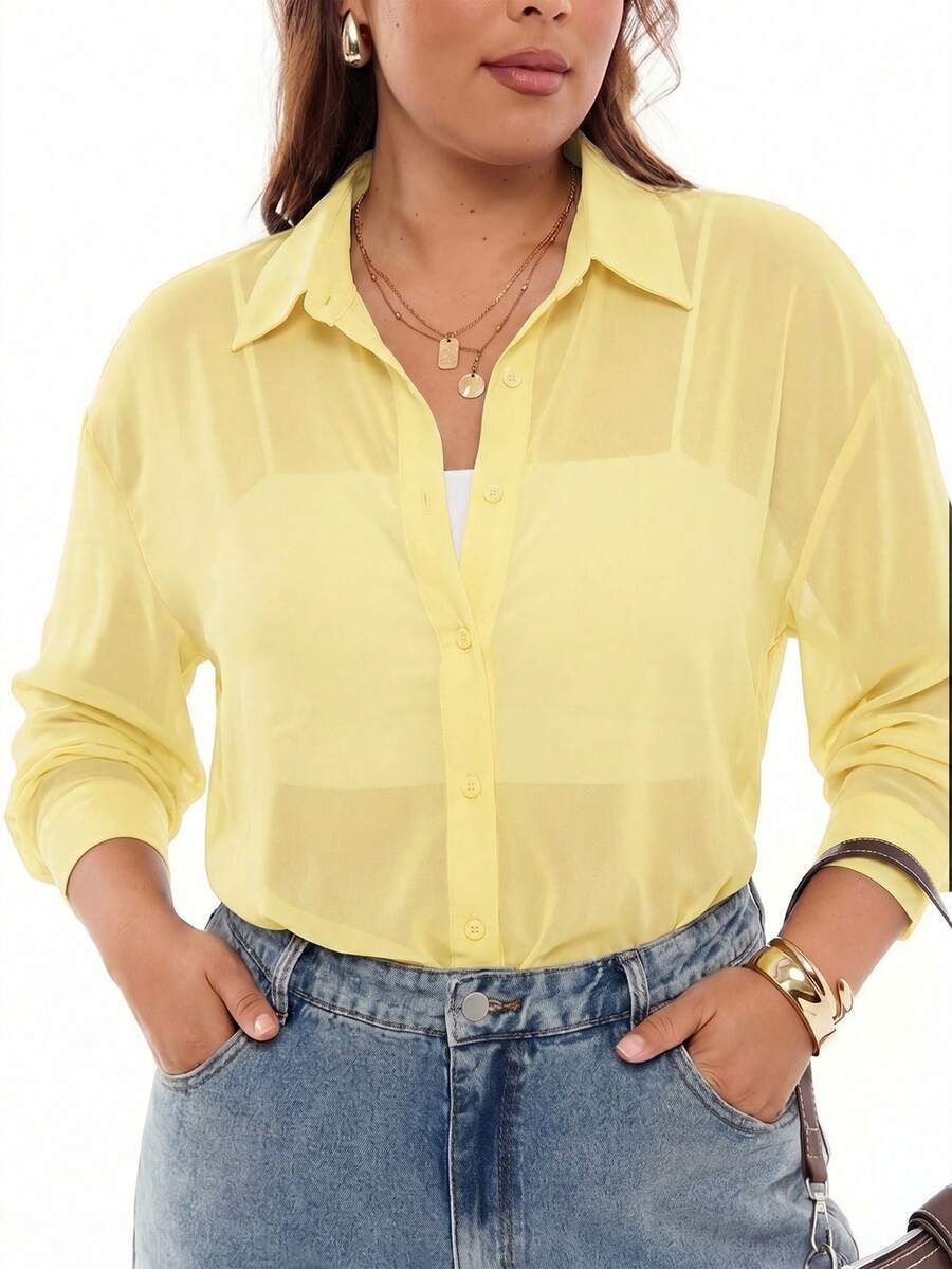 SHEIN EZwear 大码女式透视短袖上衣 - 黃色 - 查看 1