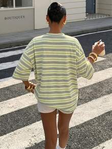 Muchica 女款夏季休閒街頭風城市度假黃灰色條紋學院風印花寬鬆圓領短袖T恤音樂節 - 彩色 - 查看 2