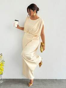 Firerie Bộ jumpsuit nữ cỡ lớn thoải mái, giản dị, thanh lịch, thích hợp cho kỳ nghỉ, tiệc tùng, đi biển, chất liệu lưới xếp ly, co giãn, khóa kim loại, thích hợp cho mùa xuân/hè. - Màu be - Xem 1