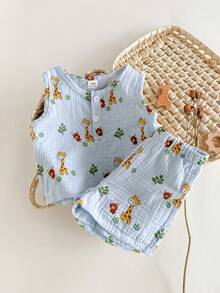 SHEIN 2pcs/Set Baby Boy Round Neck Button-Up Short Sleeve Top & Deer Print Shorts Set, Cute Casual Outfit For Spring/Summer - Baby Blue - View 3