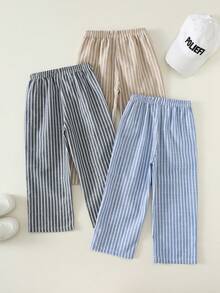 SHEIN 3 piezas Pantalones casuales y cómodos con cintura elástica a rayas para niños, multicolor, adecuados para verano y primavera - Multicolor - Ver 9