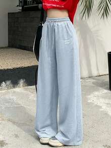 DAZY Pantalones con diseño de cordón y bordado de letras para mujer - Azul - Ver 5